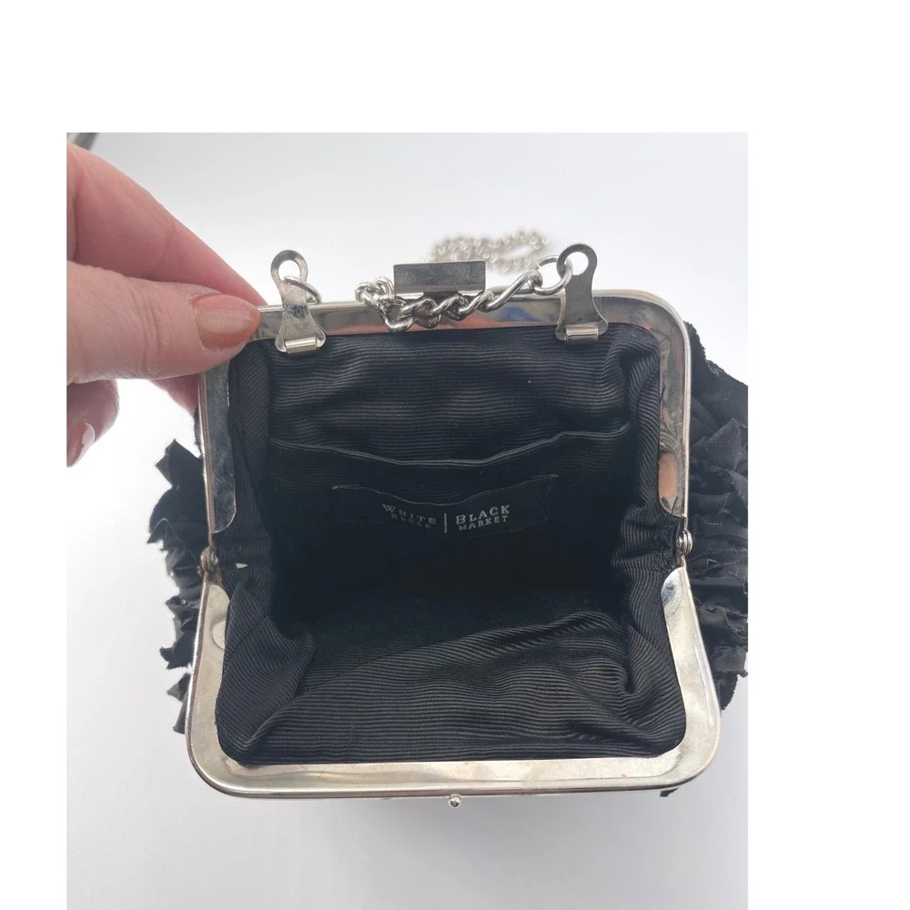 White House Black Market Rosette Evening Bag Clutch Black Removable Chain Strap - Picture 3 of 3